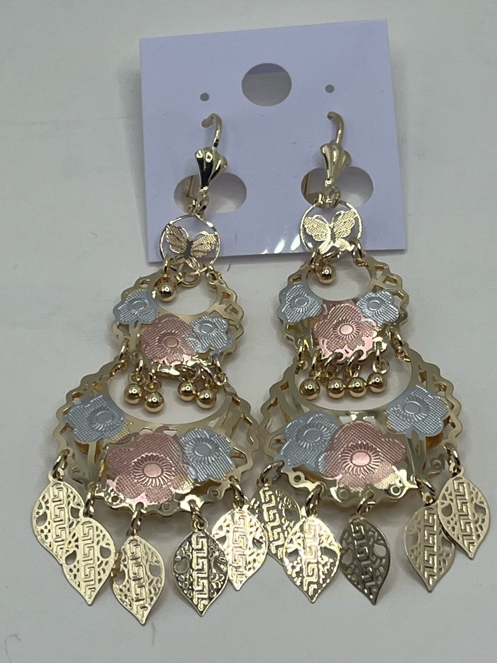 Gold filled Tri-Color Floral Dangle Earrings